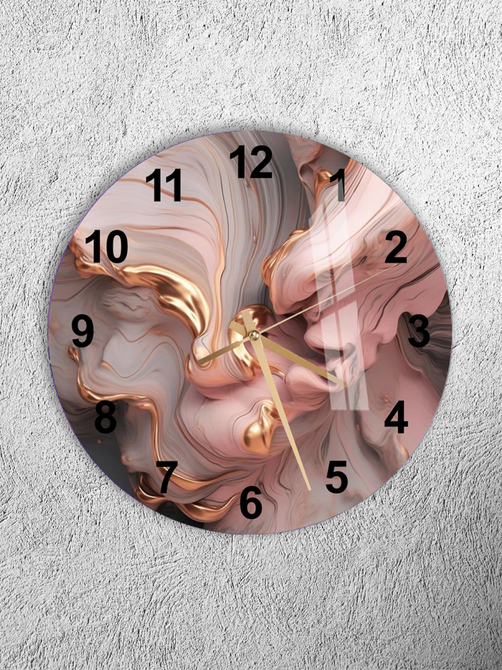 KIRILMAZ CAM DUVAR SAATİ, HEM TABLO HEM SAAT PUDRA PEMBE ALTIN SOYUT MERMER TASARIM EV OFİS HEDİYESİ
