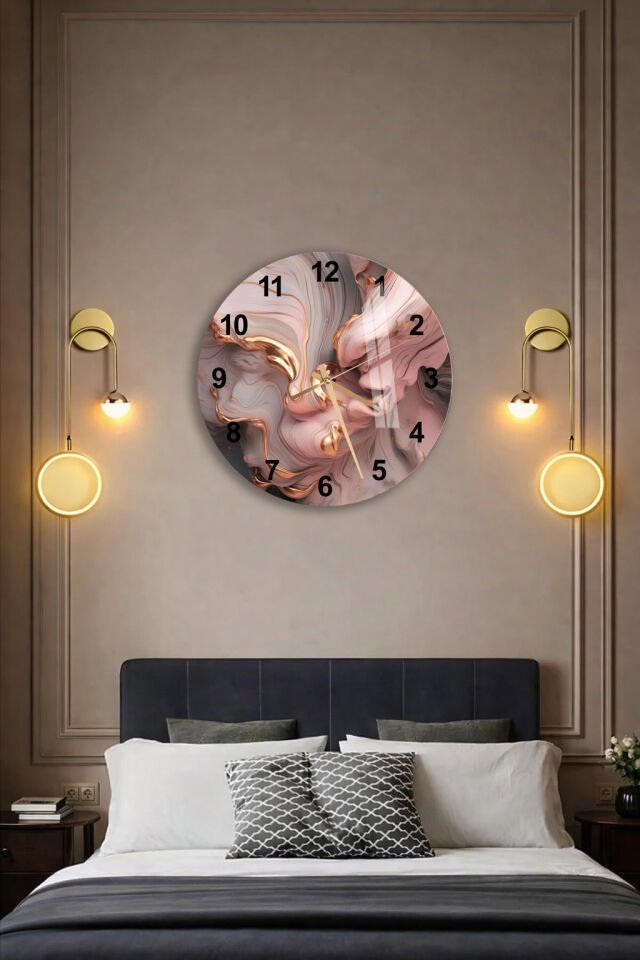 KIRILMAZ CAM DUVAR SAATİ, HEM TABLO HEM SAAT PUDRA PEMBE ALTIN SOYUT MERMER TASARIM EV OFİS HEDİYESİ