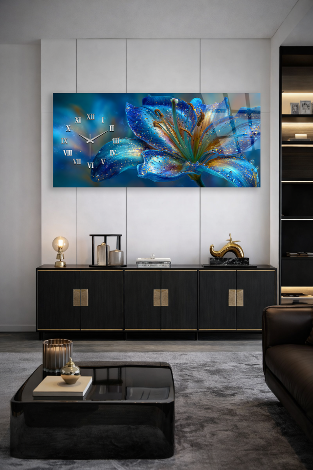 KIRILMAZ CAM DUVAR SAATİ , HEM TABLO HEM SAAT MAVİ ÇİÇEK SANATSAL TASARIM EV OFİS HEDİYESİ