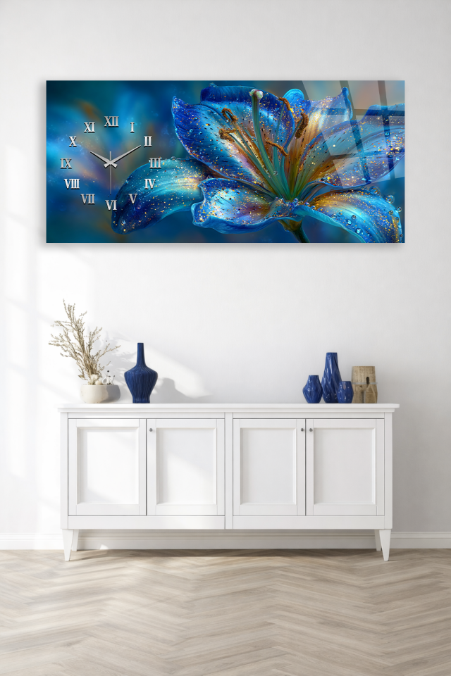 KIRILMAZ CAM DUVAR SAATİ , HEM TABLO HEM SAAT MAVİ ÇİÇEK SANATSAL TASARIM EV OFİS HEDİYESİ