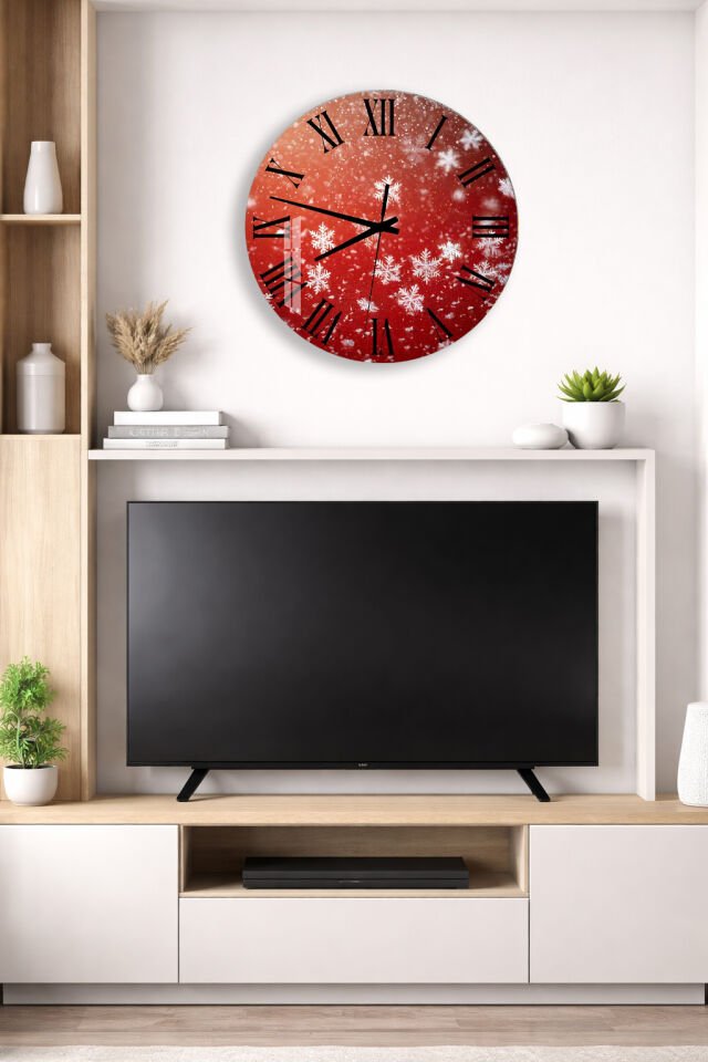 KIRILMAZ CAM DUVAR SAATİ, HEM TABLO HEM SAAT KAR TANESİ KIŞ TEMASI EV OFİS HEDİYESİ