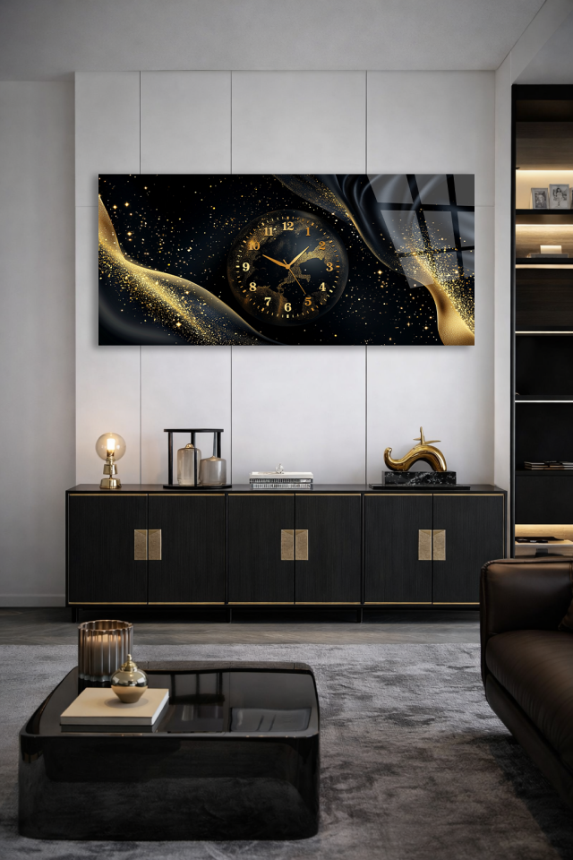 KIRILMAZ CAM DUVAR SAATİ, HEM TABLO HEM SAAT SİYAH ALTIN PARÇACIK SOYUT EV OFİS HEDİYESİ