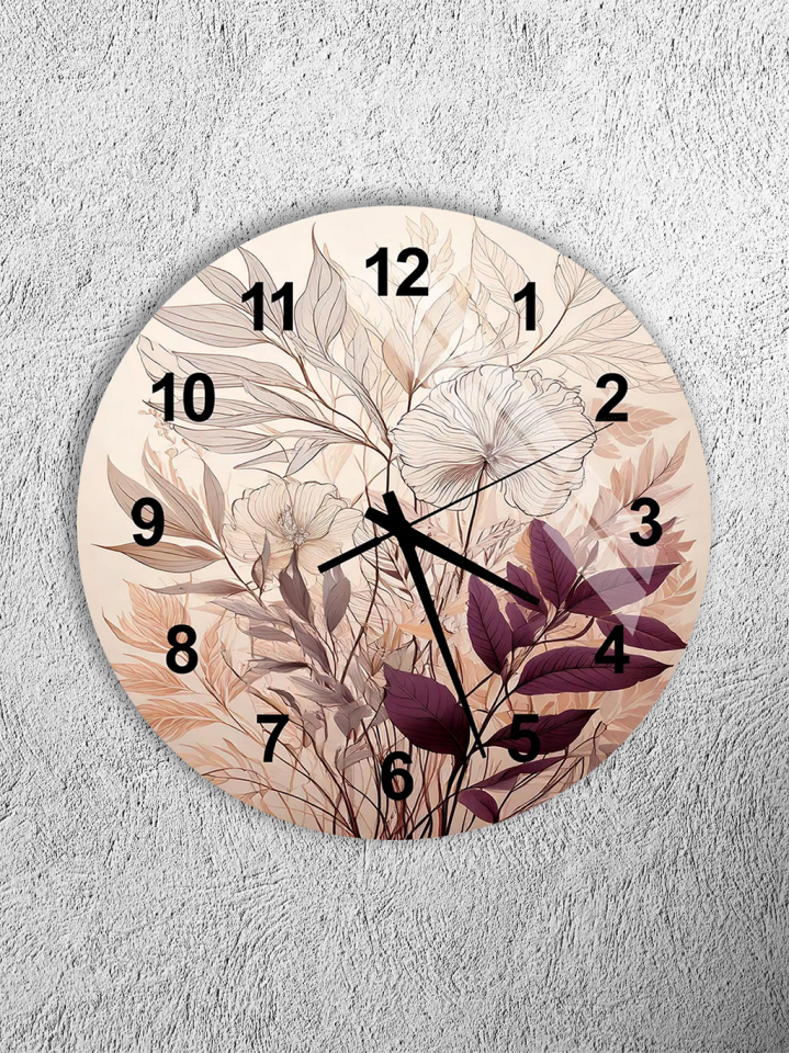 KIRILMAZ CAM DUVAR SAATİ, HEM TABLO HEM SAAT BEJ TONLARDA ÇİÇEK DESENLİ ZARİF TASARIM EV OFİS HEDİYESİ