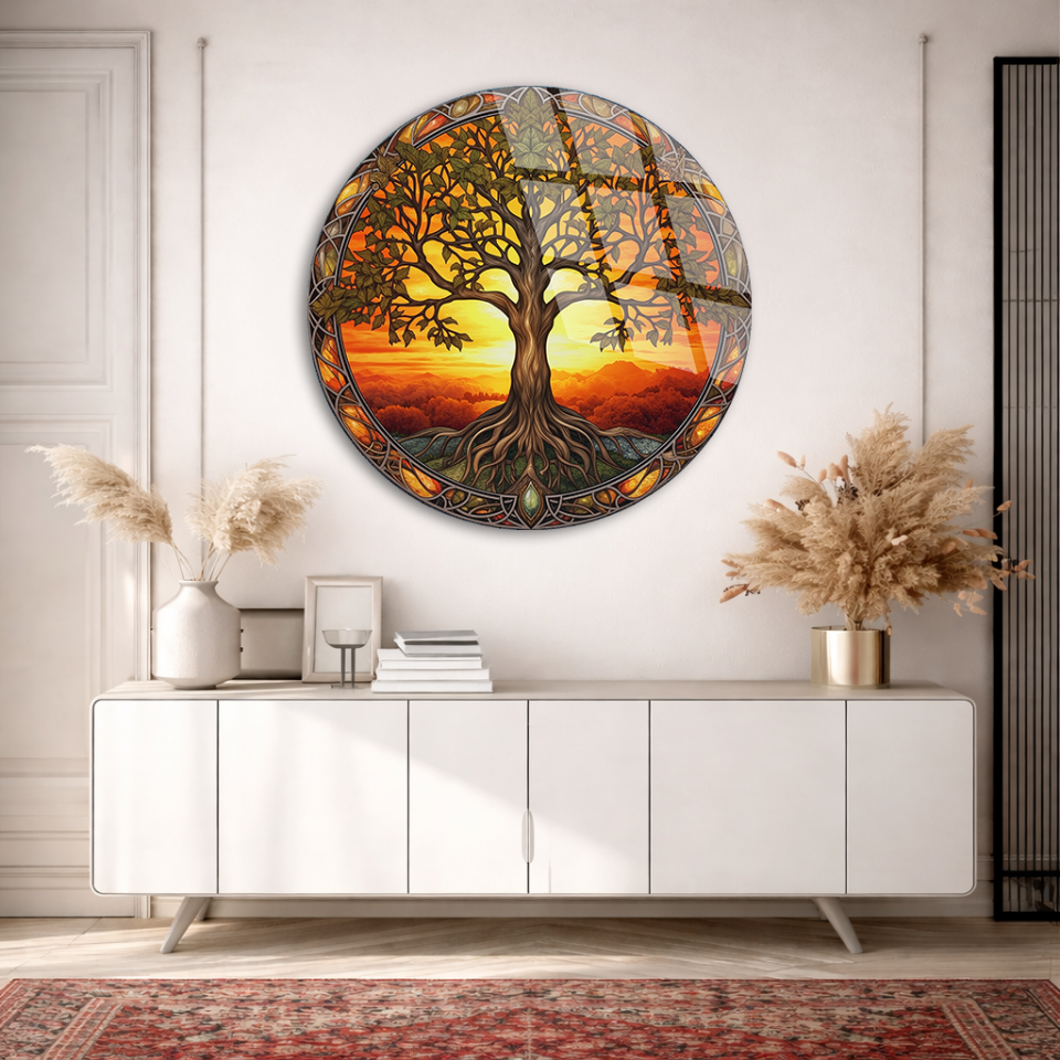 KIRILMAZ CAM TABLO , MODERN DUVAR DEKORASYONU GÜN BATIMI AĞAÇ MANZARA EV OFİS HEDİYESİ