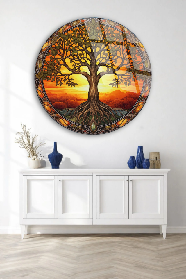 KIRILMAZ CAM TABLO , MODERN DUVAR DEKORASYONU GÜN BATIMI AĞAÇ MANZARA EV OFİS HEDİYESİ