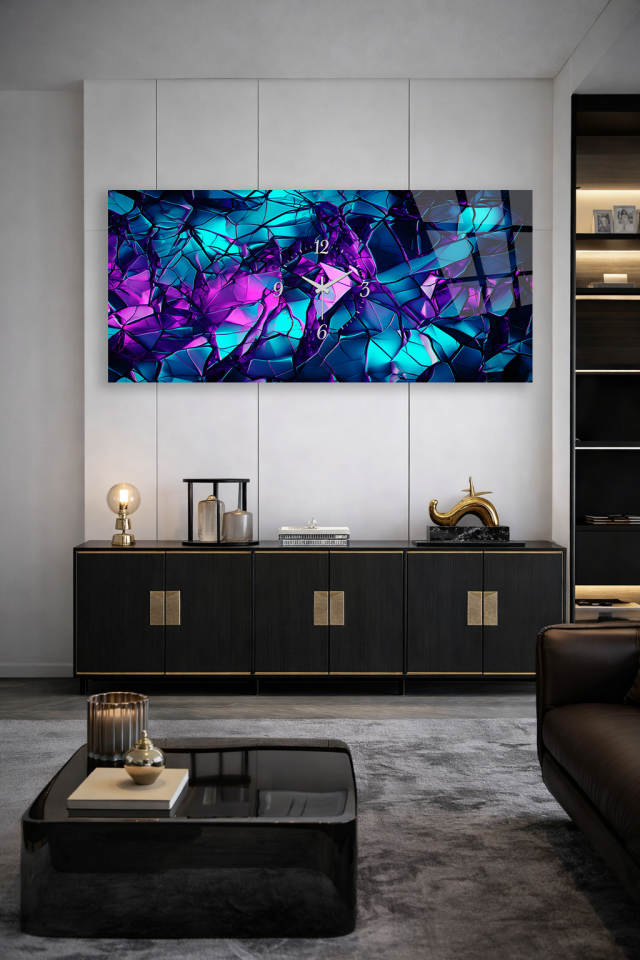 KIRILMAZ CAM DUVAR SAATİ , HEM TABLO HEM SAAT MOR MAVİ CAM KIRIK TASARIM EV OFİS HEDİYESİ