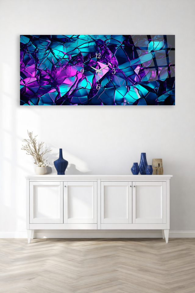KIRILMAZ CAM DUVAR SAATİ , HEM TABLO HEM SAAT MOR MAVİ CAM KIRIK TASARIM EV OFİS HEDİYESİ