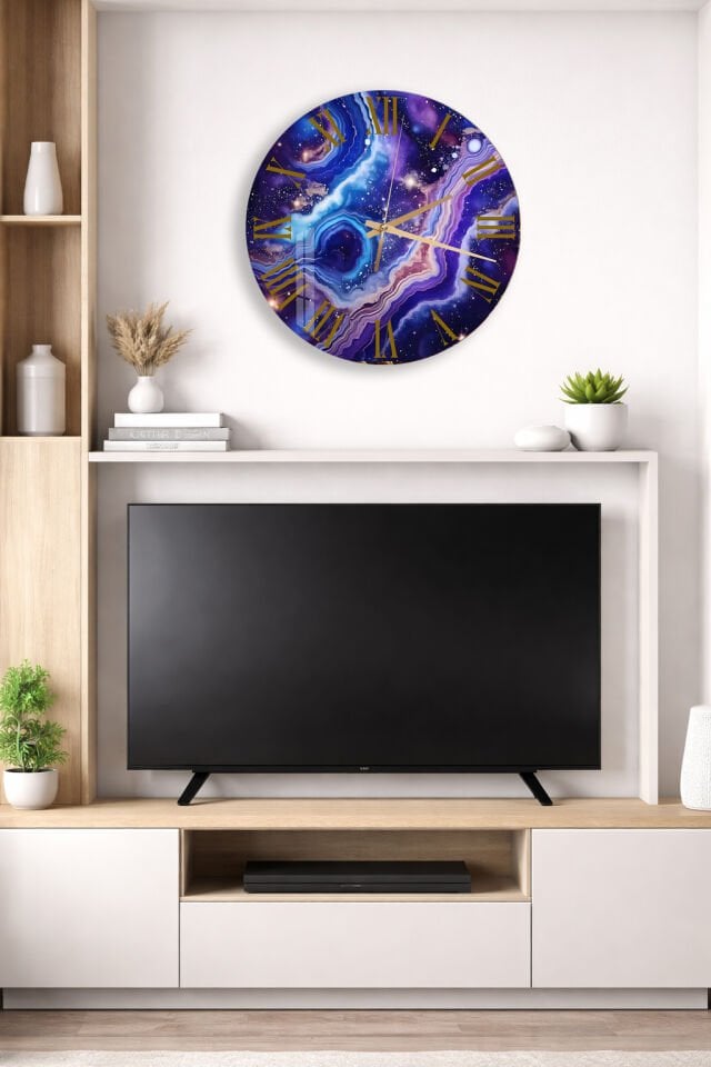 KIRILMAZ CAM DUVAR SAATİ, HEM TABLO HEM SAAT GALAKSİ KOZMİK TASARIM EV OFİS HEDİYESİ