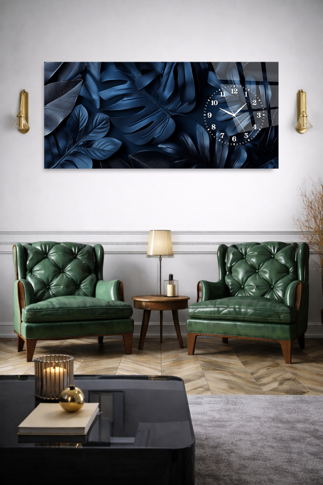 KIRILMAZ CAM DUVAR SAATİ, HEM TABLO HEM SAAT LACİVERT YAPRAK DESENLİ MODERN EV OFİS HEDİYESİ