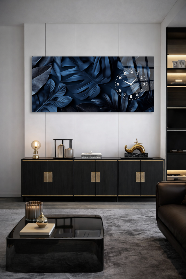 KIRILMAZ CAM DUVAR SAATİ, HEM TABLO HEM SAAT LACİVERT YAPRAK DESENLİ MODERN EV OFİS HEDİYESİ
