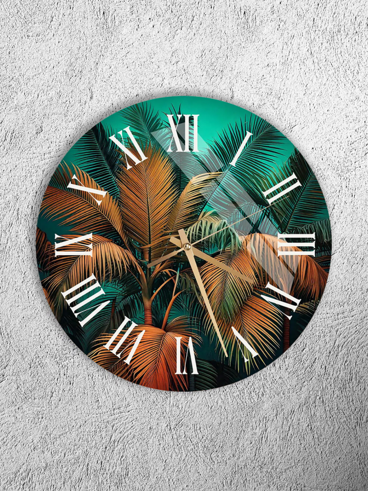 KIRILMAZ CAM DUVAR SAATİ, HEM TABLO HEM SAAT YEŞİL PALMİYE YAPRAKLI TROPİKAL TASARIM EV OFİS HEDİYESİ