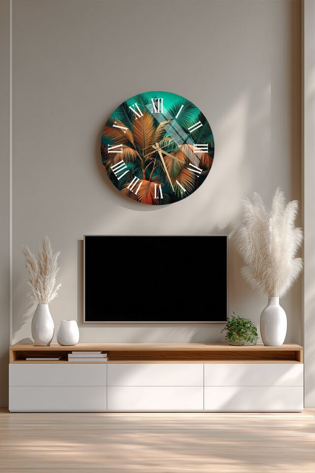KIRILMAZ CAM DUVAR SAATİ, HEM TABLO HEM SAAT YEŞİL PALMİYE YAPRAKLI TROPİKAL TASARIM EV OFİS HEDİYESİ