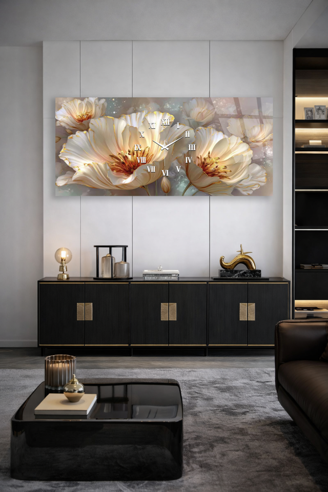 KIRILMAZ CAM DUVAR SAATİ , HEM TABLO HEM SAAT BEYAZ ÇİÇEK TASARIMI EV OFİS HEDİYESİ