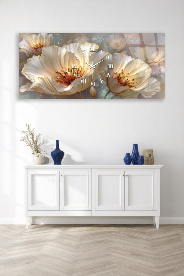 KIRILMAZ CAM DUVAR SAATİ , HEM TABLO HEM SAAT BEYAZ ÇİÇEK TASARIMI EV OFİS HEDİYESİ