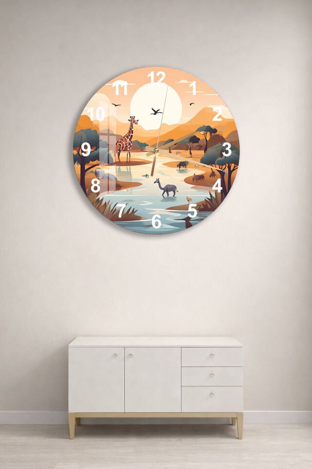 KIRILMAZ CAM DUVAR SAATİ, HEM TABLO HEM SAAT SAFARİ DOĞA TEMASI EV OFİS HEDİYESİ