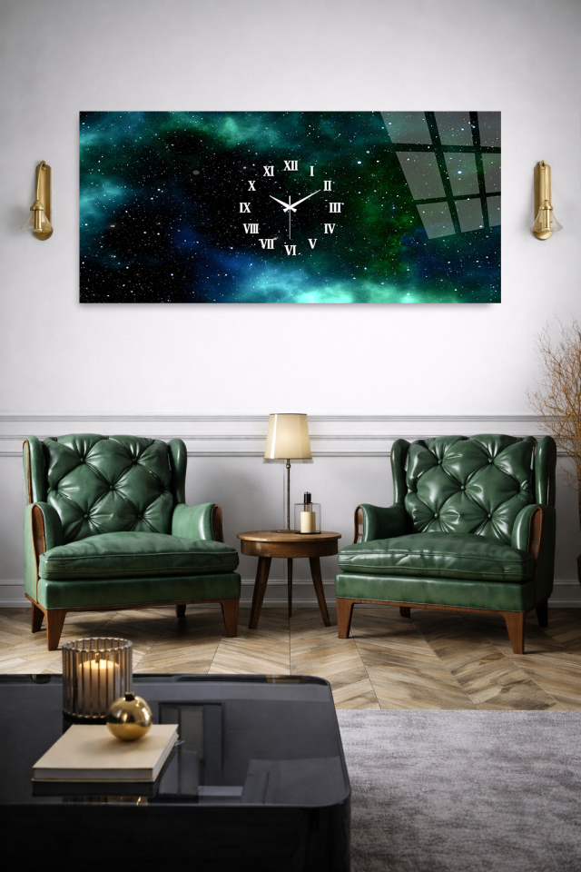 KIRILMAZ CAM DUVAR SAATİ, HEM TABLO HEM SAAT GALAKSİ UZAY TEMALI EV OFİS HEDİYESİ