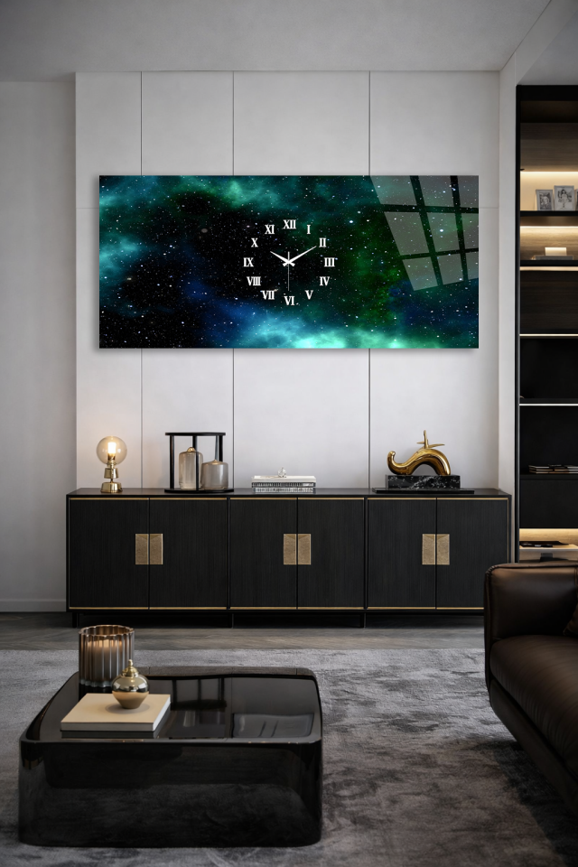 KIRILMAZ CAM DUVAR SAATİ, HEM TABLO HEM SAAT GALAKSİ UZAY TEMALI EV OFİS HEDİYESİ