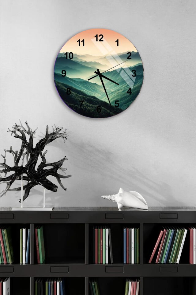 KIRILMAZ CAM DUVAR SAATİ, HEM TABLO HEM SAAT GÜN DOĞUMU DAĞ MANZARALI DOĞA TEMALI EV OFİS HEDİYESİ