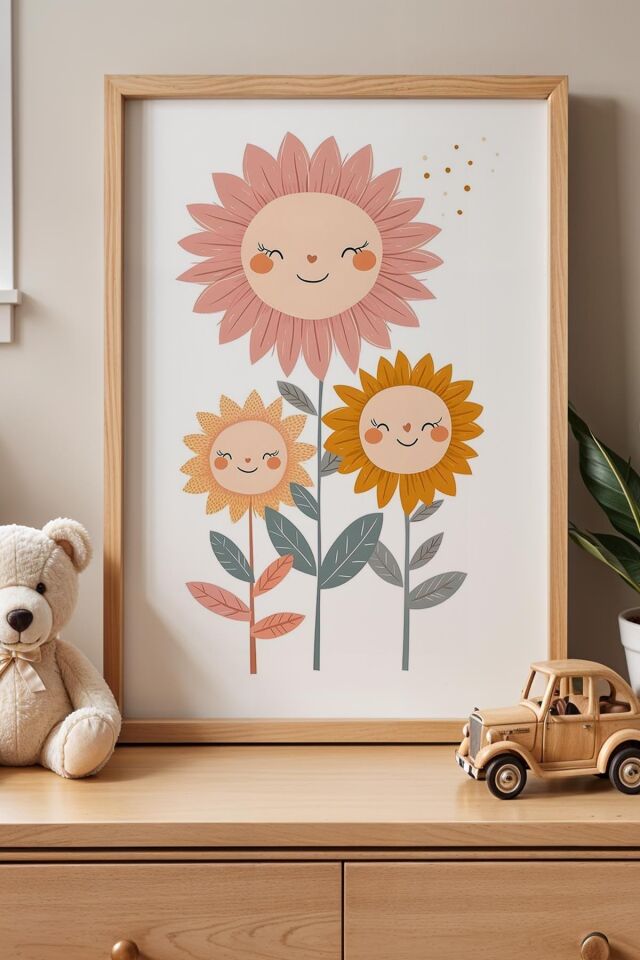 DOĞAL AHŞAP - Gülümseyen Papatyalar Çocuk Odası Ahşap Çerçeveli Duvar Tablosu