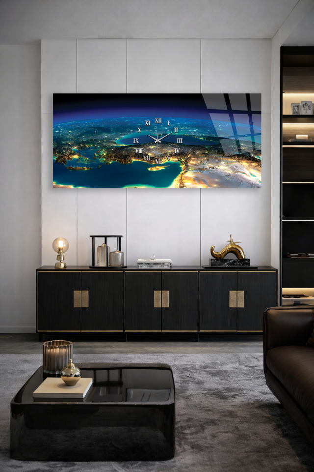 KIRILMAZ CAM DUVAR SAATİ , HEM TABLO HEM SAAT SOYUT MAVİ HARİTA TASARIM EV OFİS HEDİYESİ