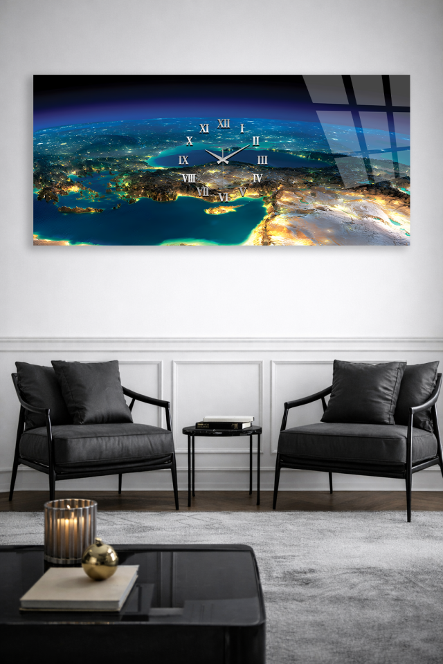 KIRILMAZ CAM DUVAR SAATİ , HEM TABLO HEM SAAT SOYUT MAVİ HARİTA TASARIM EV OFİS HEDİYESİ