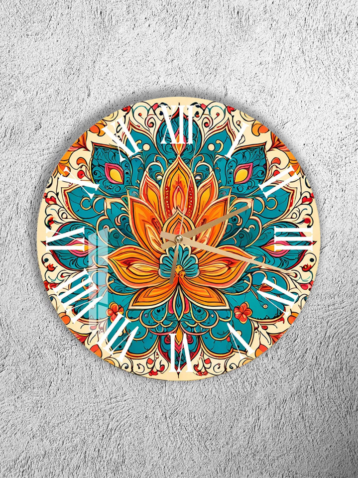 KIRILMAZ CAM DUVAR SAATİ, HEM TABLO HEM SAAT MANDALA ÇİÇEK DESEN EV OFİS HEDİYESİ