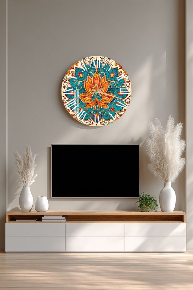 KIRILMAZ CAM DUVAR SAATİ, HEM TABLO HEM SAAT MANDALA ÇİÇEK DESEN EV OFİS HEDİYESİ