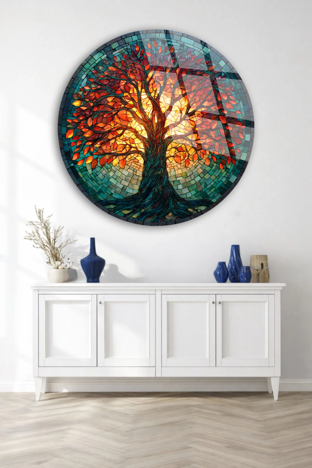 KIRILMAZ CAM TABLO , MODERN DUVAR DEKORASYONU MOZAİK SANAT AĞAÇ TASARIM EV OFİS HEDİYESİ