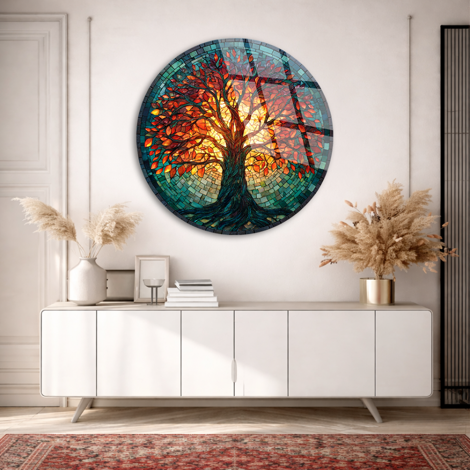 KIRILMAZ CAM TABLO , MODERN DUVAR DEKORASYONU MOZAİK SANAT AĞAÇ TASARIM EV OFİS HEDİYESİ
