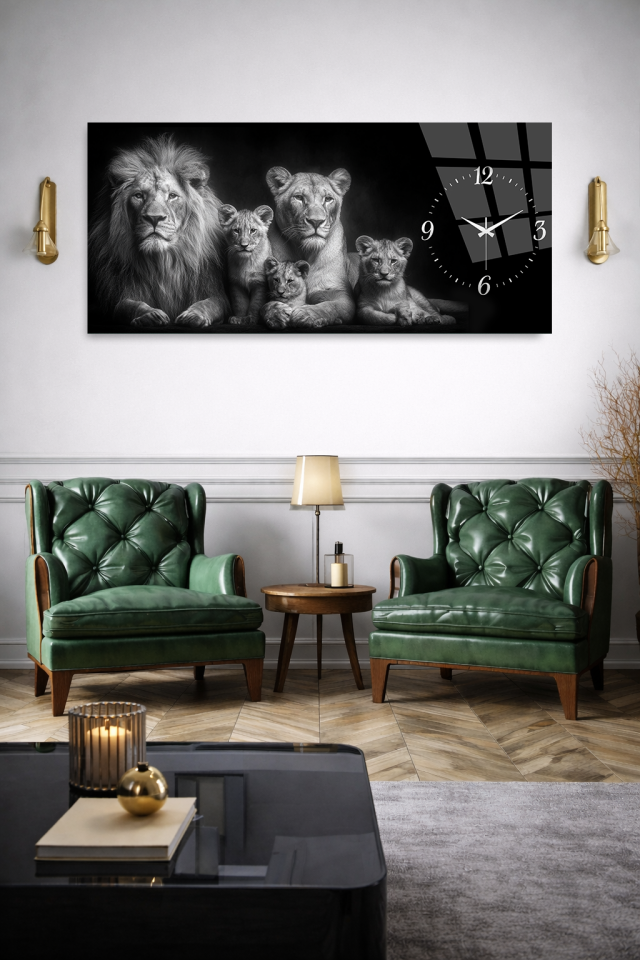 KIRILMAZ CAM DUVAR SAATİ, HEM TABLO HEM SAAT ASLAN AİLESİ SİYAH BEYAZ TASARIM EV OFİS HEDİYESİ