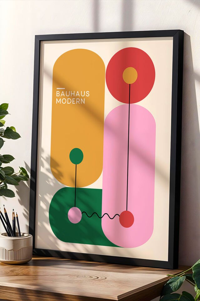 SİYAH - Bauhaus Stili Karışık Renkli Vintage Geometrik Sanat Ahşap Çerçeveli Duvar Tablosu