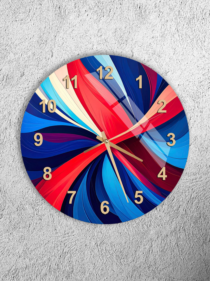 KIRILMAZ CAM DUVAR SAATİ, HEM TABLO HEM SAAT KIRMIZI MAVİ SOYUT DALGA DESENLİ MODERN EV OFİS HEDİYESİ