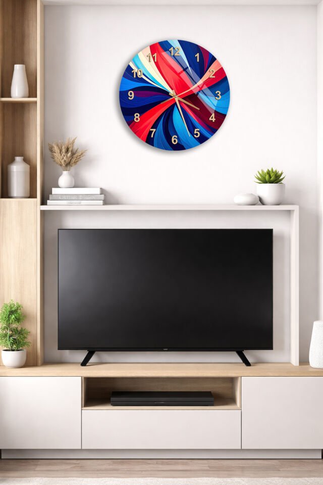 KIRILMAZ CAM DUVAR SAATİ, HEM TABLO HEM SAAT KIRMIZI MAVİ SOYUT DALGA DESENLİ MODERN EV OFİS HEDİYESİ