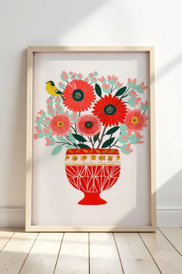 DOĞAL AHŞAP - Doğal Ahşap çerçeveli Boho Vazo Bahar Çiçek Duvar Sanatı tablosu