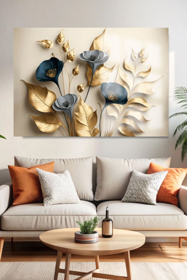 GOLD ÇİÇEK DETAYLI LÜKS CAM TABLO 4MM EV İŞ YERİ OFİS HEDİYESİ TABLO Sarı