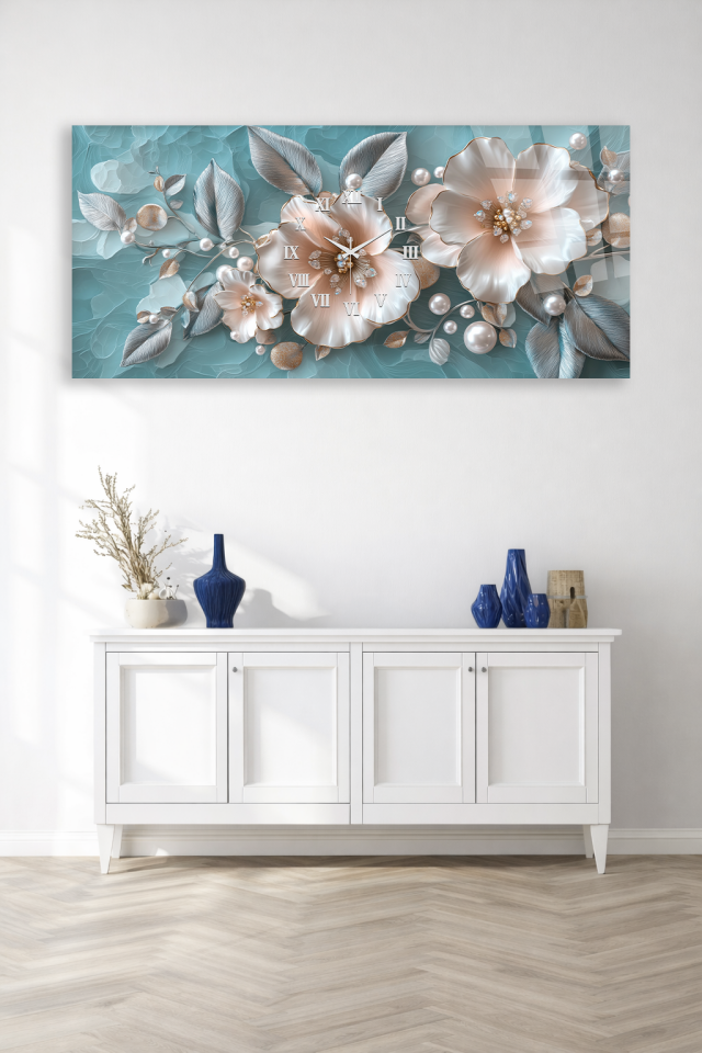 KIRILMAZ CAM DUVAR SAATİ , HEM TABLO HEM SAAT TURKUAZ ÇİÇEKLİ ZARİF TASARIM EV OFİS HEDİYESİ