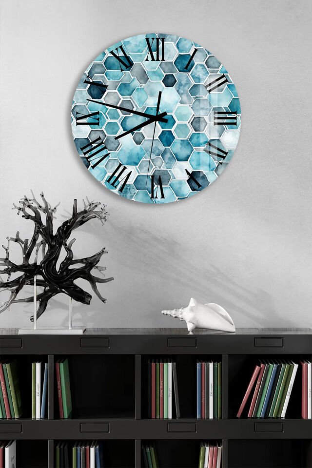 KIRILMAZ CAM DUVAR SAATİ, HEM TABLO HEM SAAT GEOMETRİK ALTIGEN DESEN EV OFİS HEDİYESİ