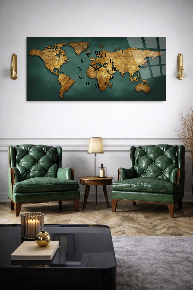 KIRILMAZ CAM DUVAR SAATİ, HEM TABLO HEM SAAT ESKİ DÜNYA HARİTASI ALTIN TON EV OFİS HEDİYESİ