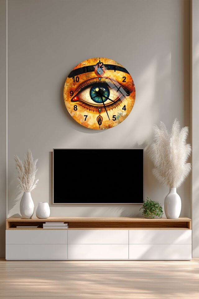 KIRILMAZ CAM DUVAR SAATİ, HEM TABLO HEM SAAT NAZAR GÖZÜ SANATSAL TASARIM EV OFİS HEDİYESİ