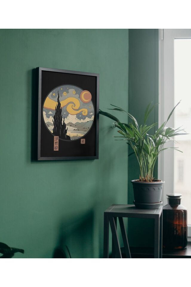 Çok Renkli - Starry Ukiyo E-Nıght Starry Nıght Dekorasyon Poster Çerçeveli Yüksek Kaliteli Tasarım Tablo