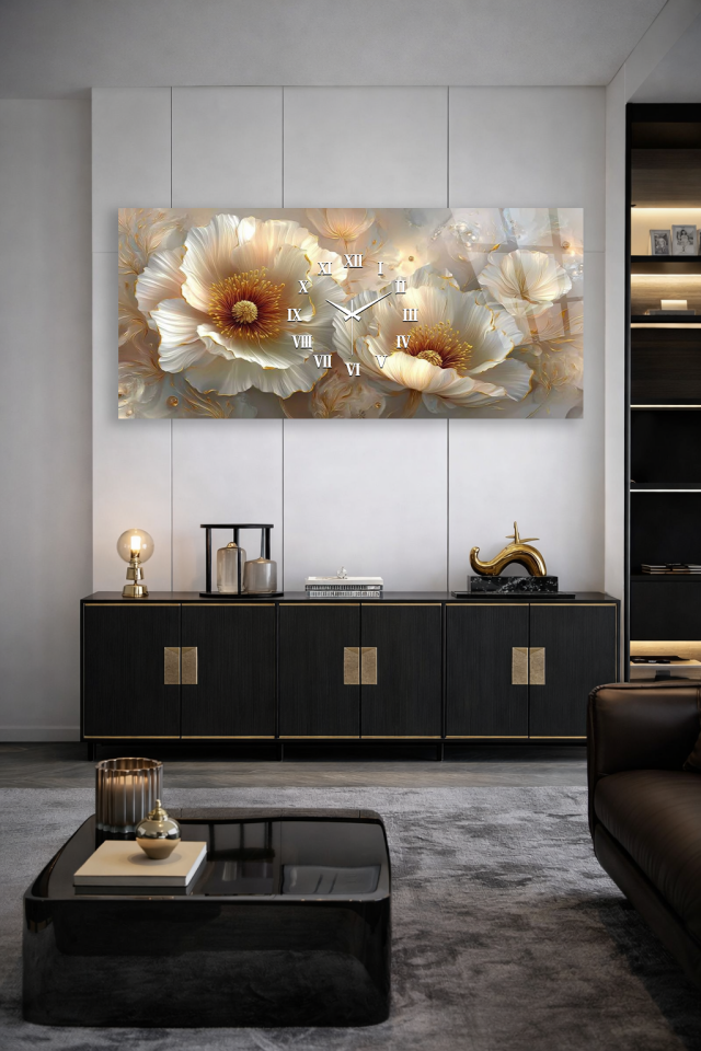 KIRILMAZ CAM DUVAR SAATİ , HEM TABLO HEM SAAT ALTIN DETAYLI ÇİÇEK TASARIM EV OFİS HEDİYESİ