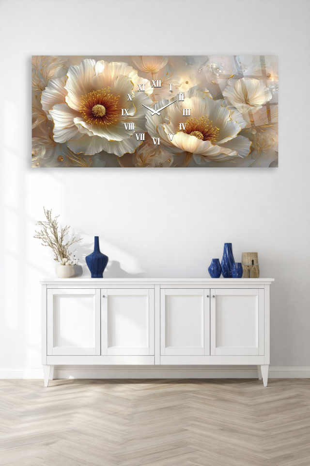 KIRILMAZ CAM DUVAR SAATİ , HEM TABLO HEM SAAT ALTIN DETAYLI ÇİÇEK TASARIM EV OFİS HEDİYESİ