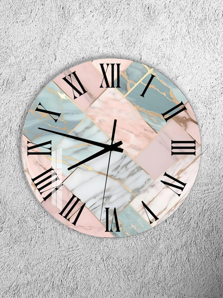 KIRILMAZ CAM DUVAR SAATİ, HEM TABLO HEM SAAT MODERN MERMER PATCHWORK EV OFİS HEDİYESİ