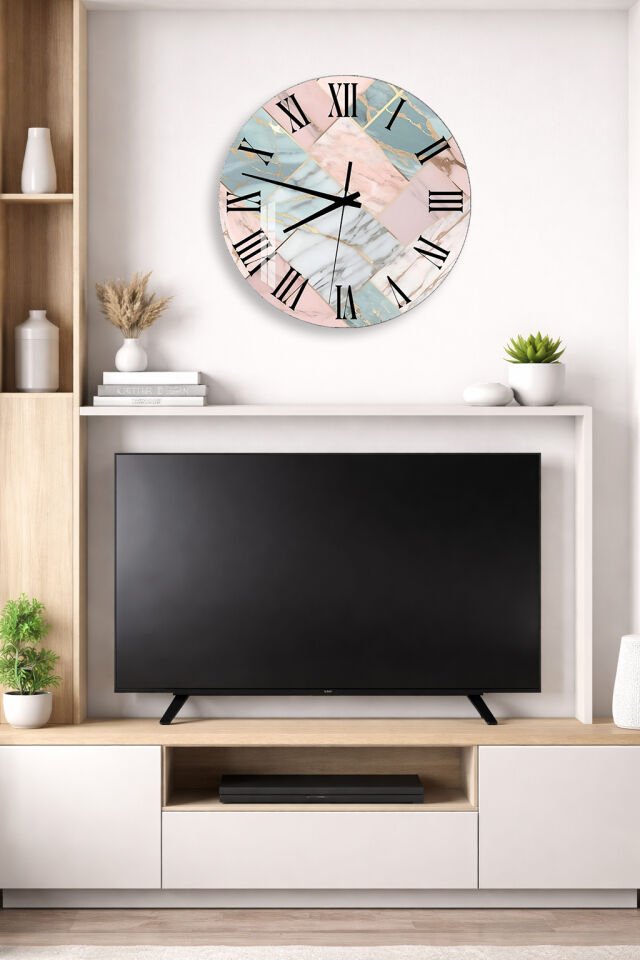 KIRILMAZ CAM DUVAR SAATİ, HEM TABLO HEM SAAT MODERN MERMER PATCHWORK EV OFİS HEDİYESİ