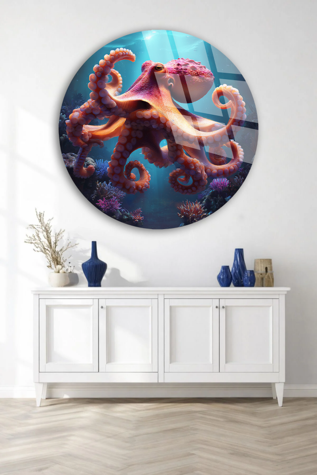 KIRILMAZ CAM TABLO , MODERN DUVAR DEKORASYONU DENİZ ALTI AHTAPOT TASARIM EV OFİS HEDİYESİ