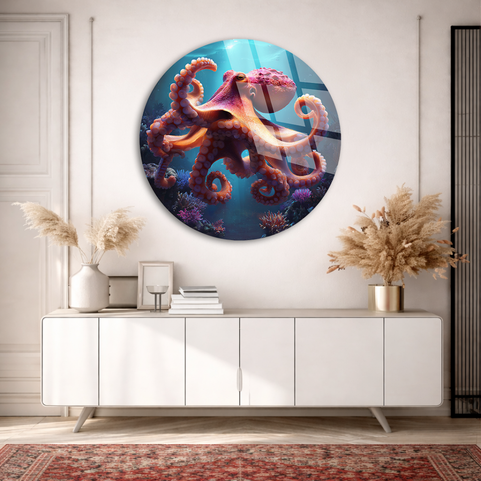 KIRILMAZ CAM TABLO , MODERN DUVAR DEKORASYONU DENİZ ALTI AHTAPOT TASARIM EV OFİS HEDİYESİ