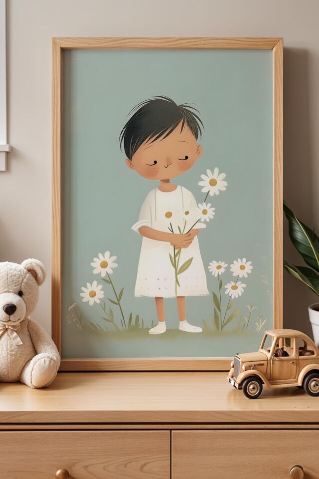 DOĞAL AHŞAP - Papatya Tutan Çocuk İllüstrasyonu Çocuk Odası Ahşap Çerçeveli Duvar Tablosu