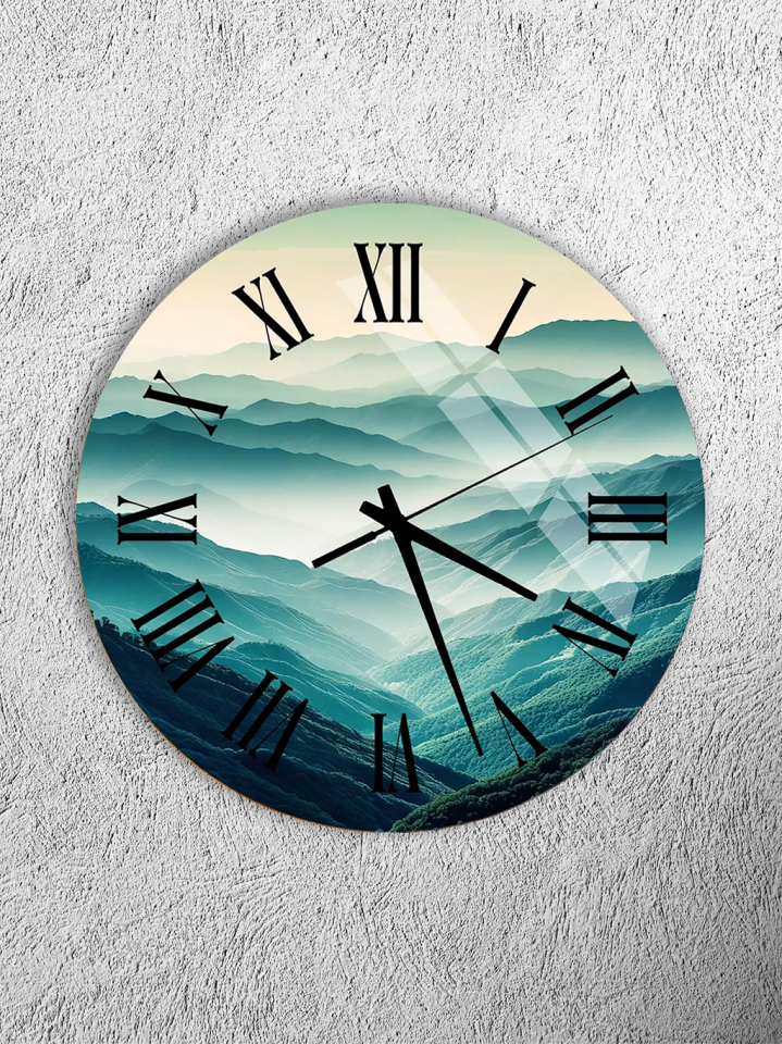KIRILMAZ CAM DUVAR SAATİ, HEM TABLO HEM SAAT YEŞİL DAĞ MANZARALI ROMEN RAKAMLI EV OFİS HEDİYESİ