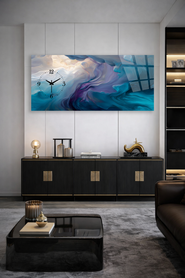 KIRILMAZ CAM DUVAR SAATİ , HEM TABLO HEM SAAT MODERN SOYUT SANAT EV OFİS HEDİYESİ