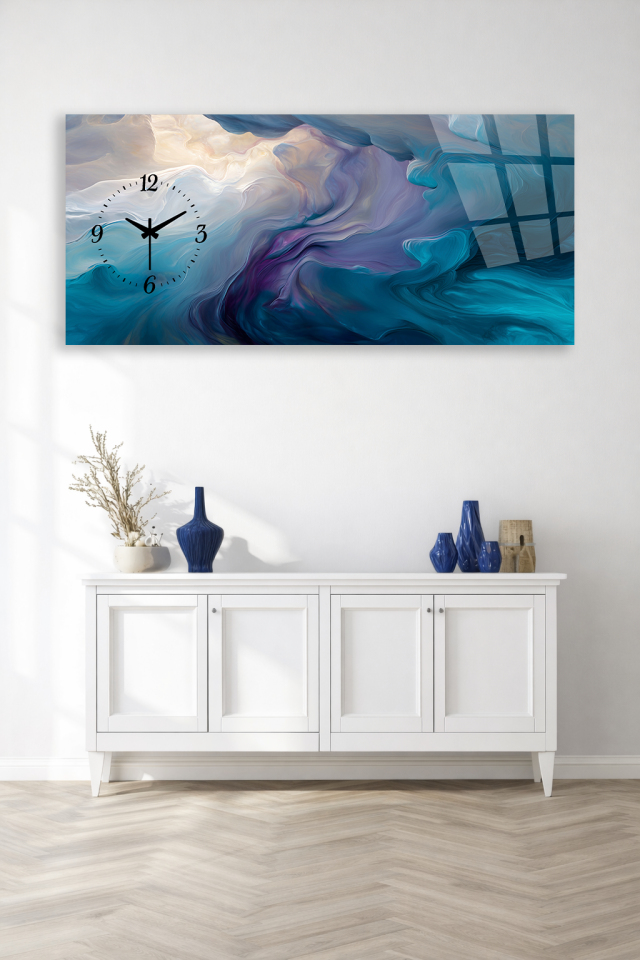 KIRILMAZ CAM DUVAR SAATİ , HEM TABLO HEM SAAT MODERN SOYUT SANAT EV OFİS HEDİYESİ